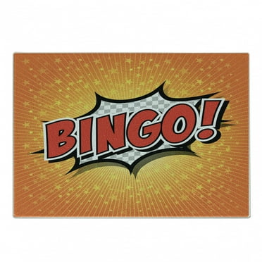 Bingo Cutting Board, Comic Speech Bubble Cartoon Pop Art Retro Style Star Burst Backdrop, Decorative Tempered Glass Cutting and Serving Board, in 3 Sizes, by Ambesonne