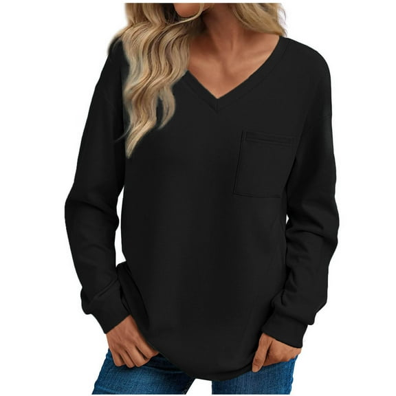 RYRJJ Womens Long Sleeve Tops Casual Shirts V Neck Fall Fashion Loose Pullover Basic Blouse with Chest Pocket(Black,XXL)