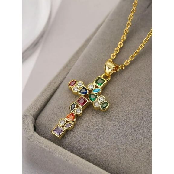 EOEMY Multicolor Cubic Zirconia Cross Charm Necklace Statement Necklace Modern-Default