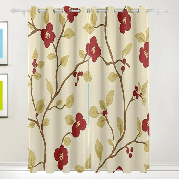 Red Floral Design on Beige Blackout Curtains for Living Room Bedroom 55W x 72/84L Insulated Window Drapes 2 Panels