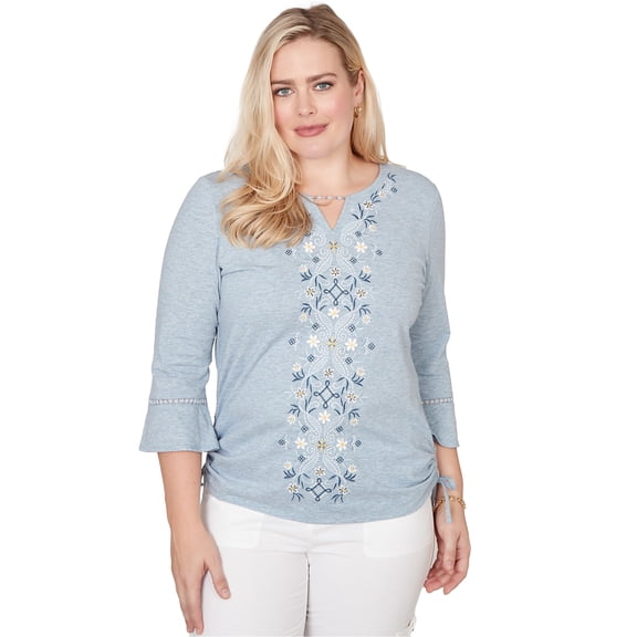 Alfred Dunner Womens Petite Center Scroll Embroidered Side Tie Top