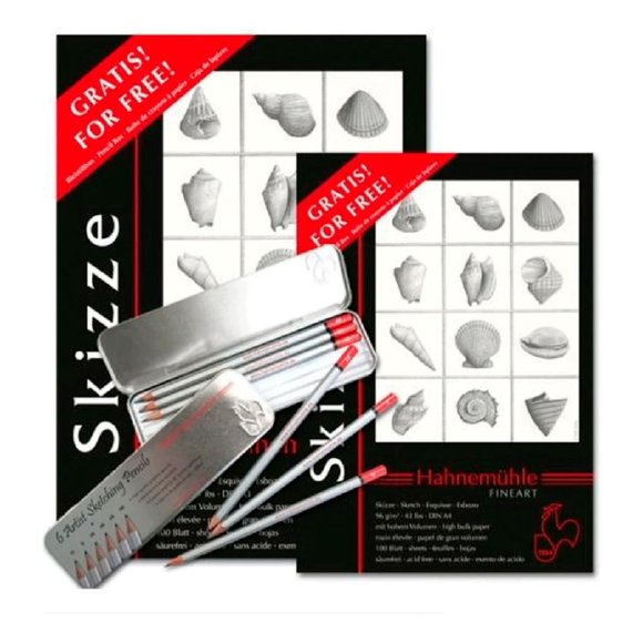 Block Dibujo Sketchbook A4 Hahnemühle 100 Hojas + Caja Lápices Skizze blanco