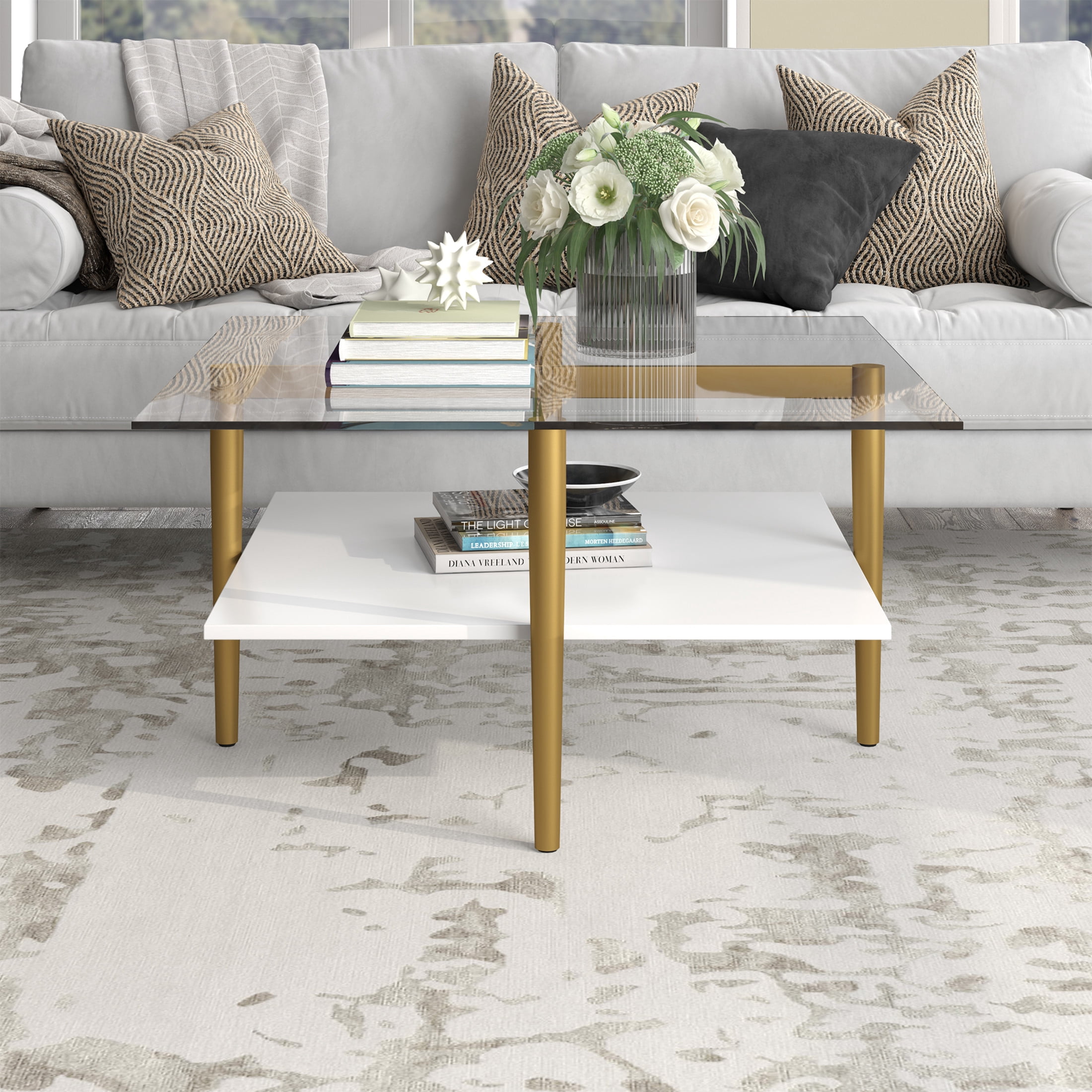 Evelyn&Zoe Otto 32" Wide Square Coffee Table with White Lacquer Shelf, Brass