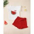 thumbnail image 2 of Kucnuzki 2T Toddler Girls Summer Short Sets 3T Toddler Girls Clothes Sets Fly Short Sleeves Top Watermelon Print Top Waistband Solid Color Shorts 2PCS Outfits Red, 2 of 7