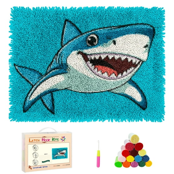DIY Latch Hook Rug Kits Cartoon Sea Shark Swim Open Mouth Stamped Non-slip Mat Crocheting Yarn Hook and Latch Emboridery Tapestry for Home Floor Decor and Pet Warm Cushion 52x38cm(3)