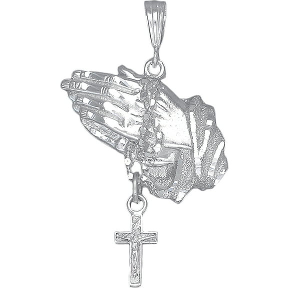 Sterling Silver Praying Hands with Rosary Cross Pendant Necklace Diamond Cut Finish and 24 Inch Chain