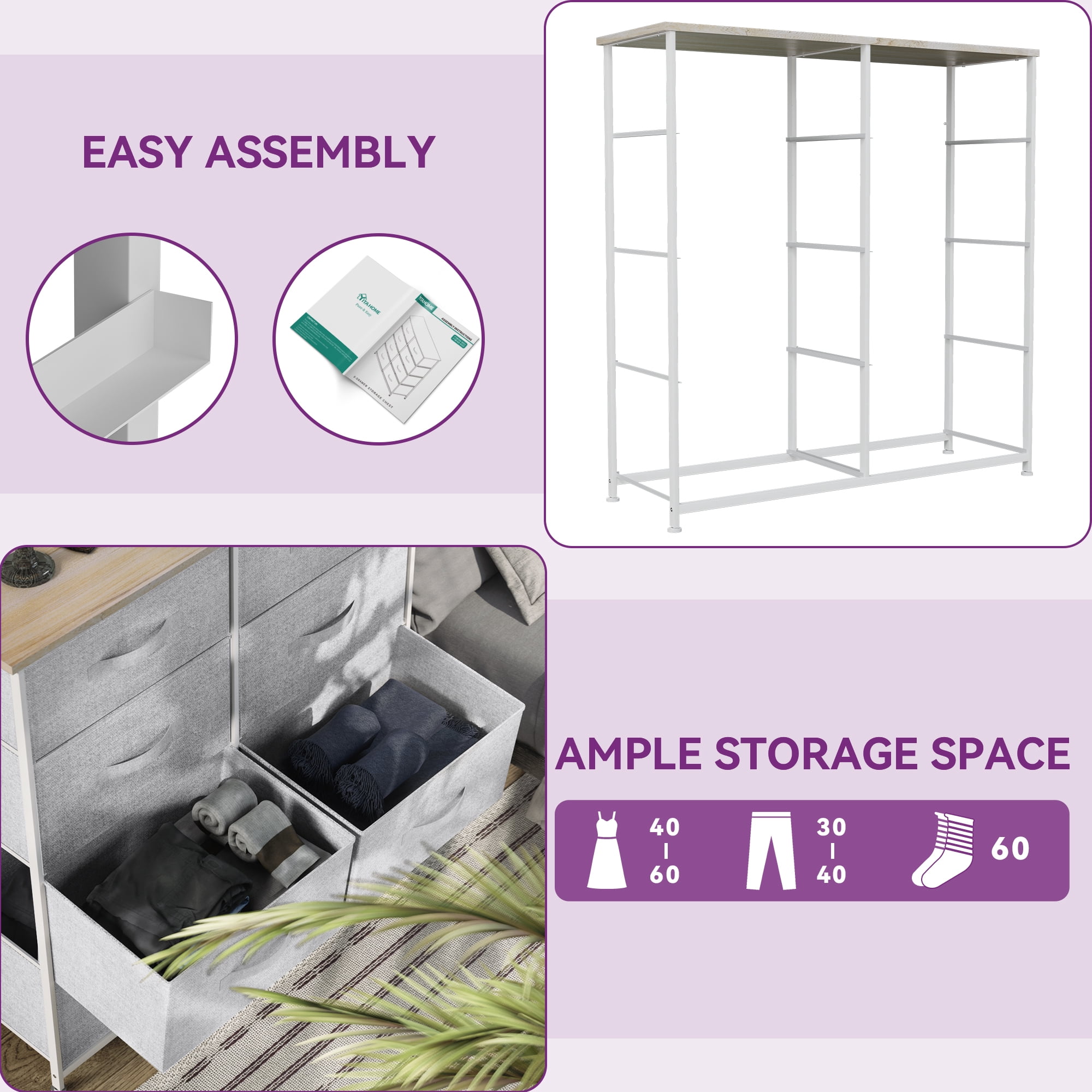 Uforic 8-Drawer Dresser Grey Fabric Storage Chest Double Dresser for Closet,Living Room,Bedroom Steel Frame