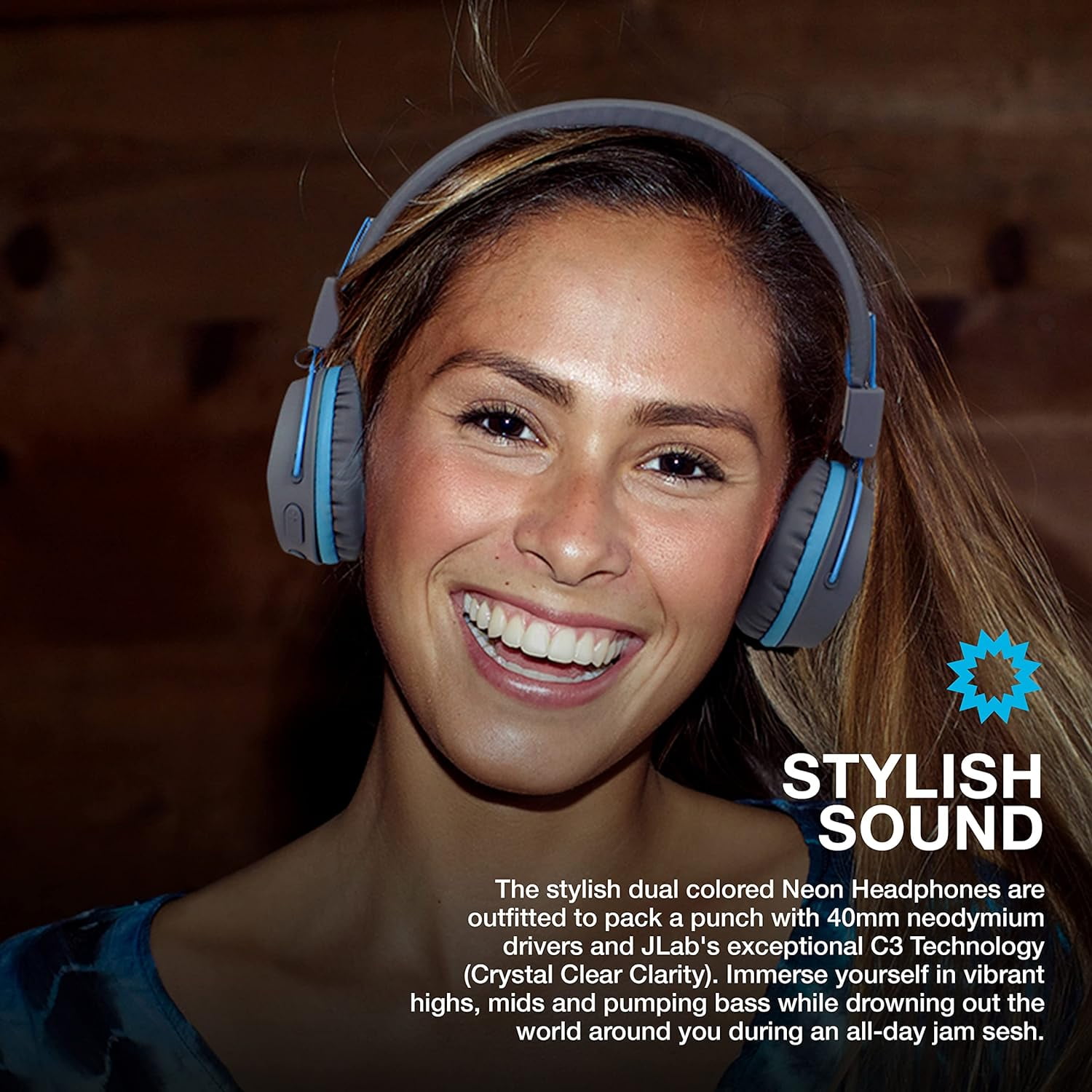 JLab Neon Bluetooth Folding On-Ear Headphones, Wireless Headphones, Blue, 30 Hour Bluetooth Playtime, Noise Isolation, 40mm Neodymium Drivers, C3 Sound - Gray/Blue