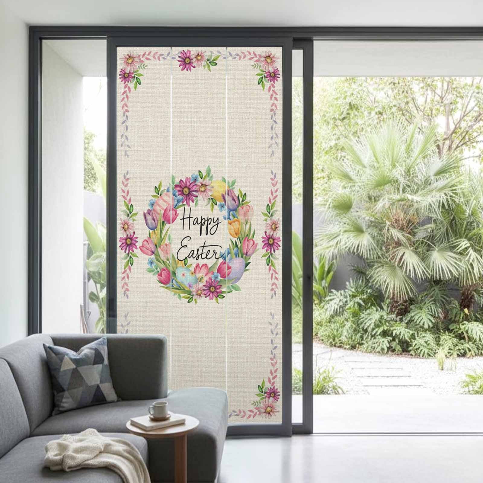 Flower Window Privacy Film, Floral Ring Pink Daisy Tulips Color Egg Spring Linen Texture Frosted Glass Window Clings Static Cling Heat Blocking Reusable Door Sticker for Bedroom 35.4x78.7 Inch