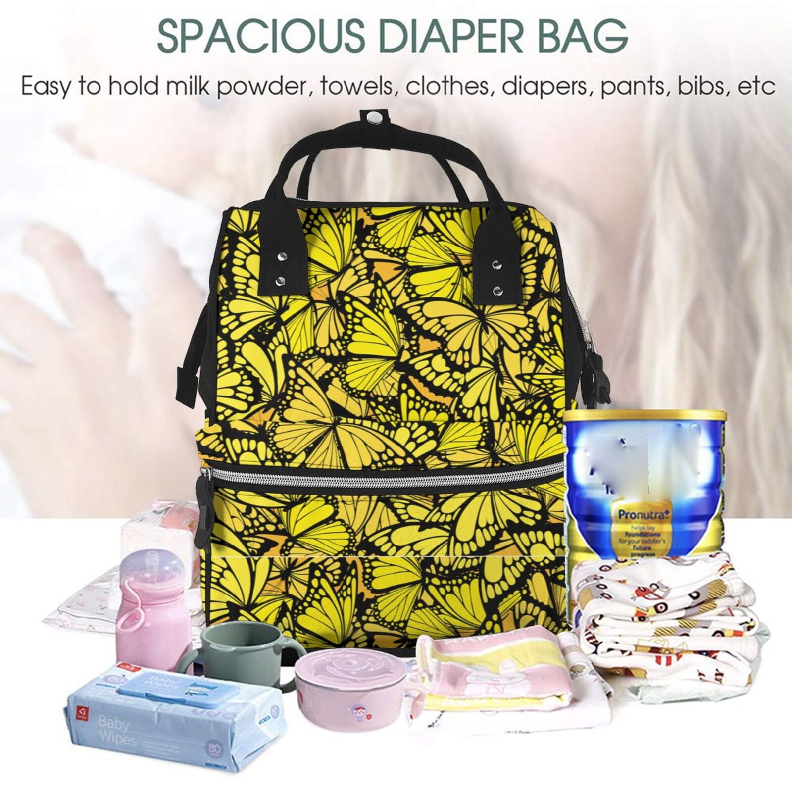 Ratiio Yellow Butterflies Mummy Backpack - Waterproof Twill Canvas, Large Capacity Diaper Bag with Multiple Pockets and Adjustable Straps