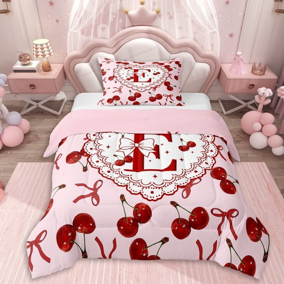 Erosebridal Cartoon Personalized Initial E Twin Comforter Sets 3-Piece For Kids,Red Cherry Kawaii Bow Bedding Set For Girls,Pink Reversible,Lightweight Room Decor
