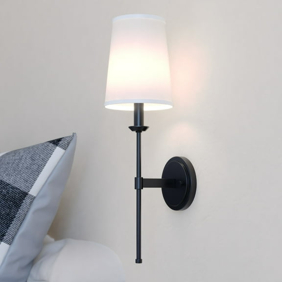 Camden 1 Light Matte Black Wall Sconce Fixture White Linen Fabric Shade, LED Compatible