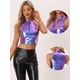 thumbnail image 2 of Top corto metálico para mujer Cuello falso Cremallera frontal Sin mangas Holográfico Sparkle Party Azul Púrpura XS, 2 of 6