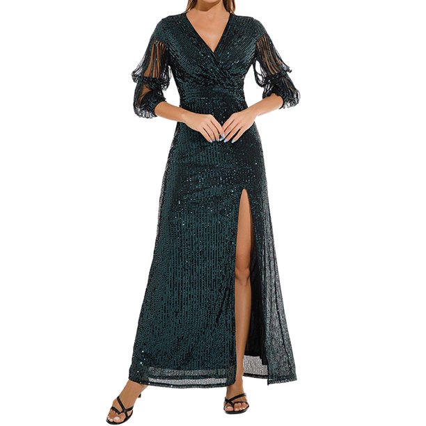 Gibobby Vestidos de fiesta elegantes Vestido largo de lentejuelas verde retro con cuello en V sexy para mujer(Verde,XL)
