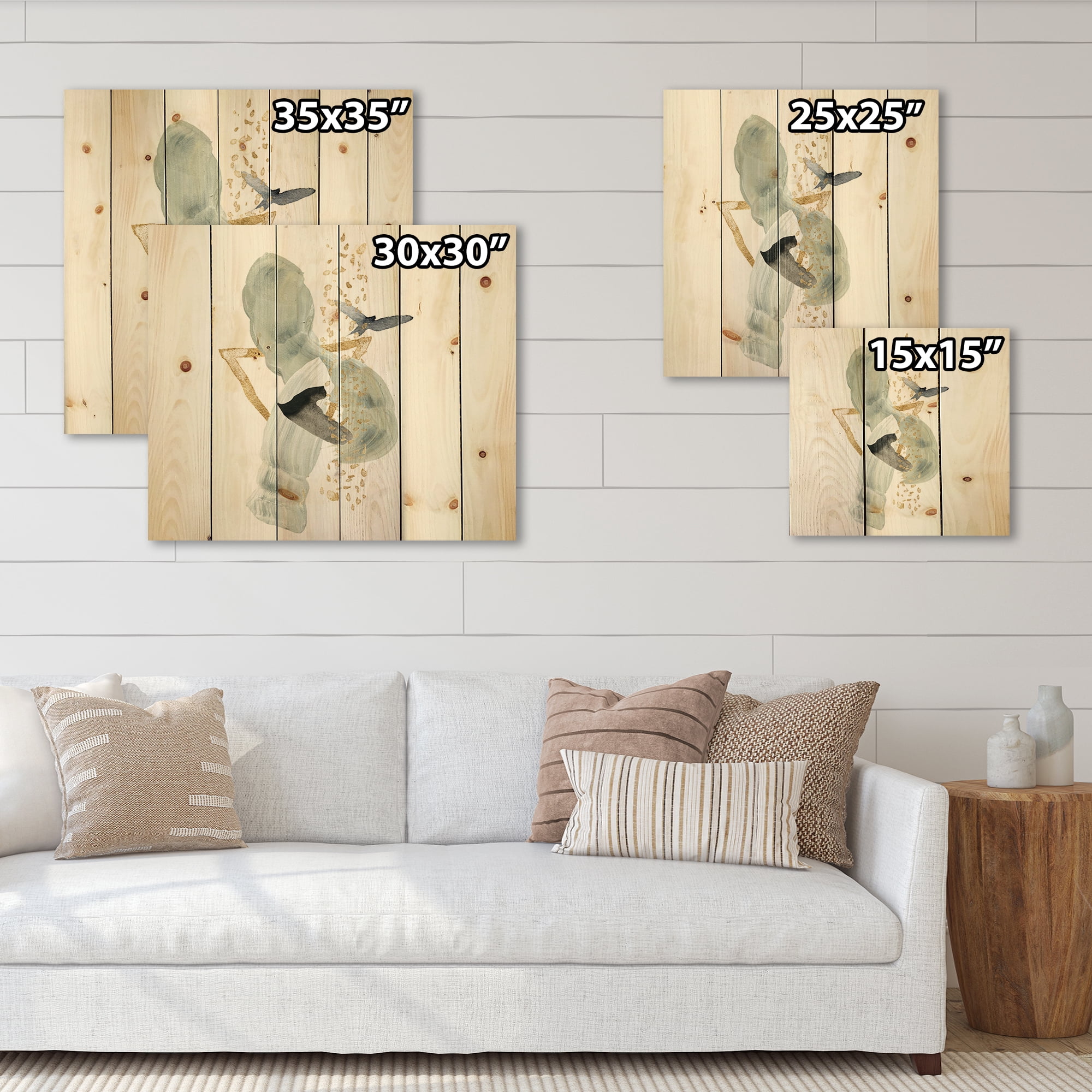 Designart 'Abstract Golden Mountain With Bird and Moon' Modern Print on Natural Pine Wood