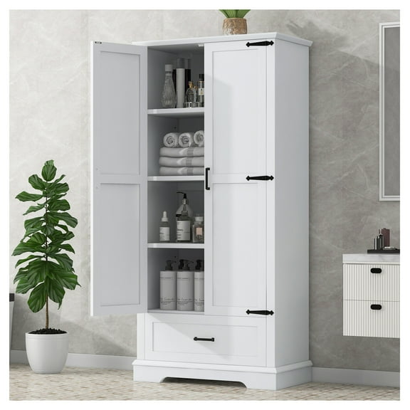 White Bathroom Storage Cabinet - Tall MDF Organizer with Adjustable Shelves & Drawer