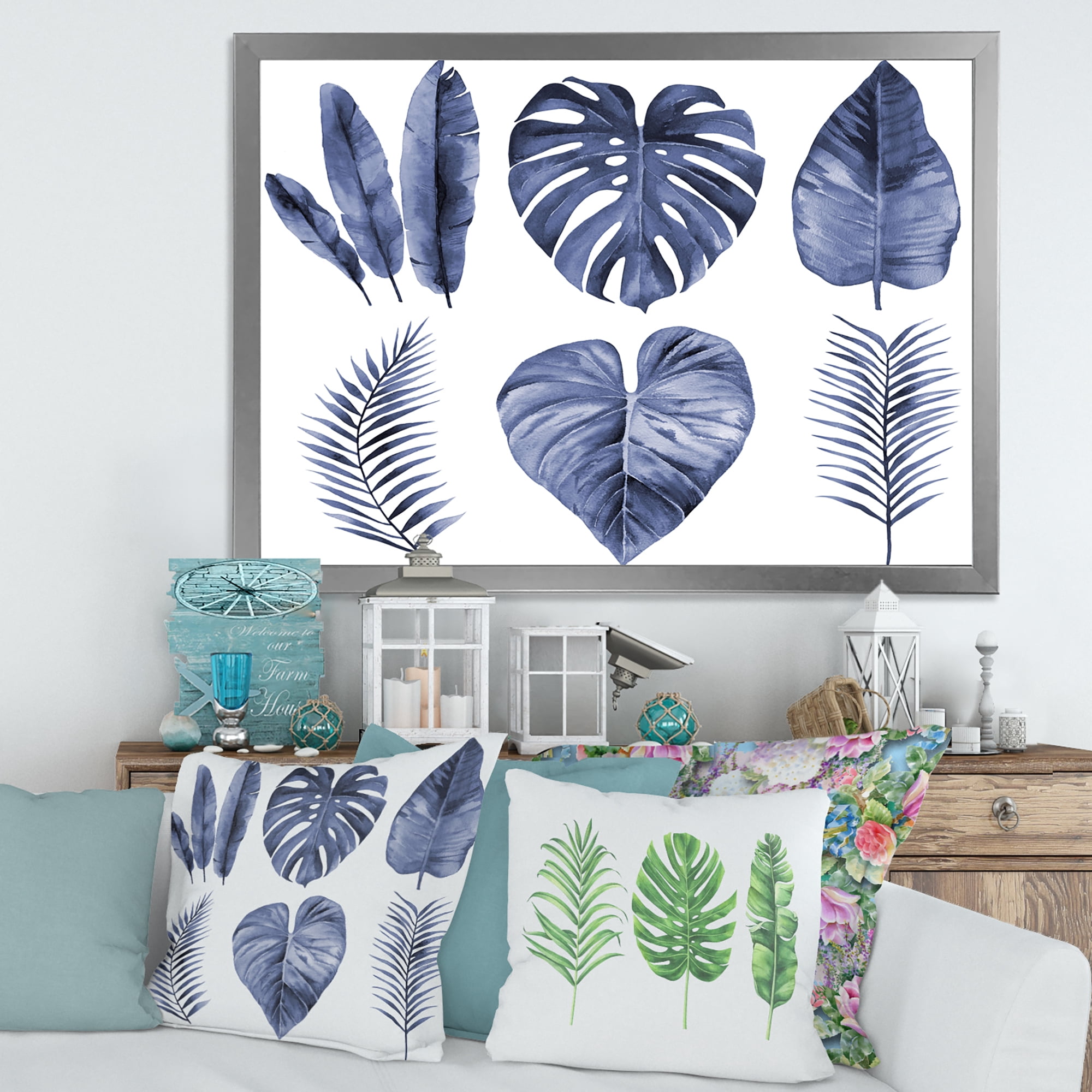 Designart 'Blue Watercolour Tropical Leaves I' Farmhouse Framed Art Print