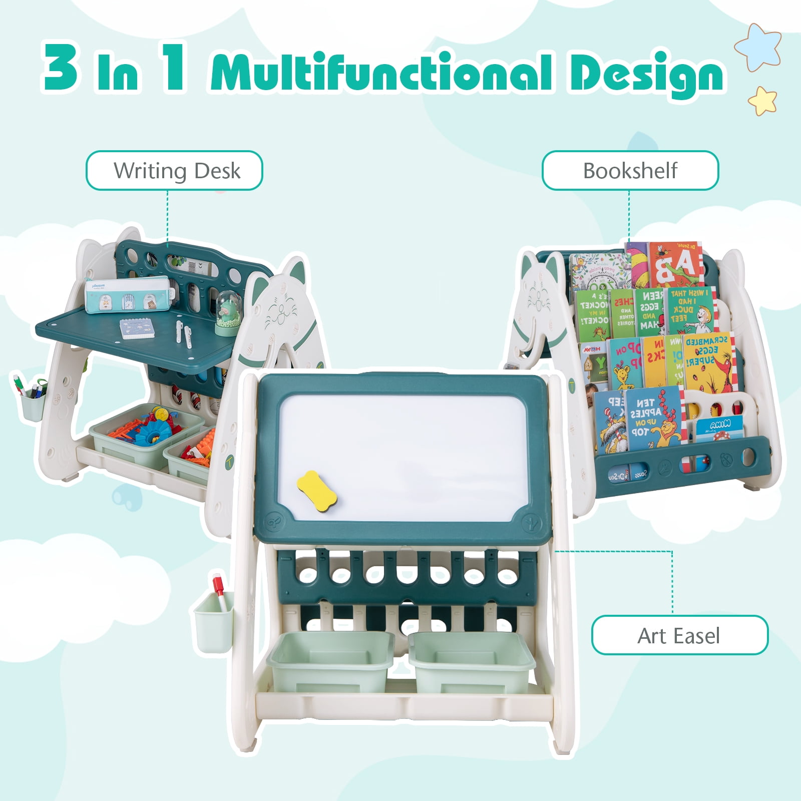 Infans 3-In-1 Kids Art Easel with Stool Magnetic Dry-Erase Board w/ Book Rack Green