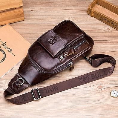 BULLCAPTAIN Genuine Leather Sling Bag for Men, Crossbody Chest Backpack with Adjustable Strap, Zipper Closure. , Coffee Brown