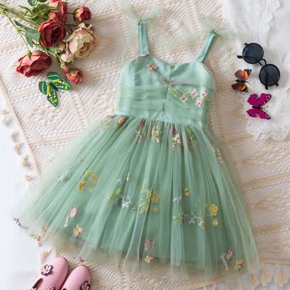 Weebloom Flower Girl Dresses For Wedding Birthday Toddler Fly Sleeveless Embroidered Flowers Prints Dresses Clothes Formal Party Green Girls Dresses