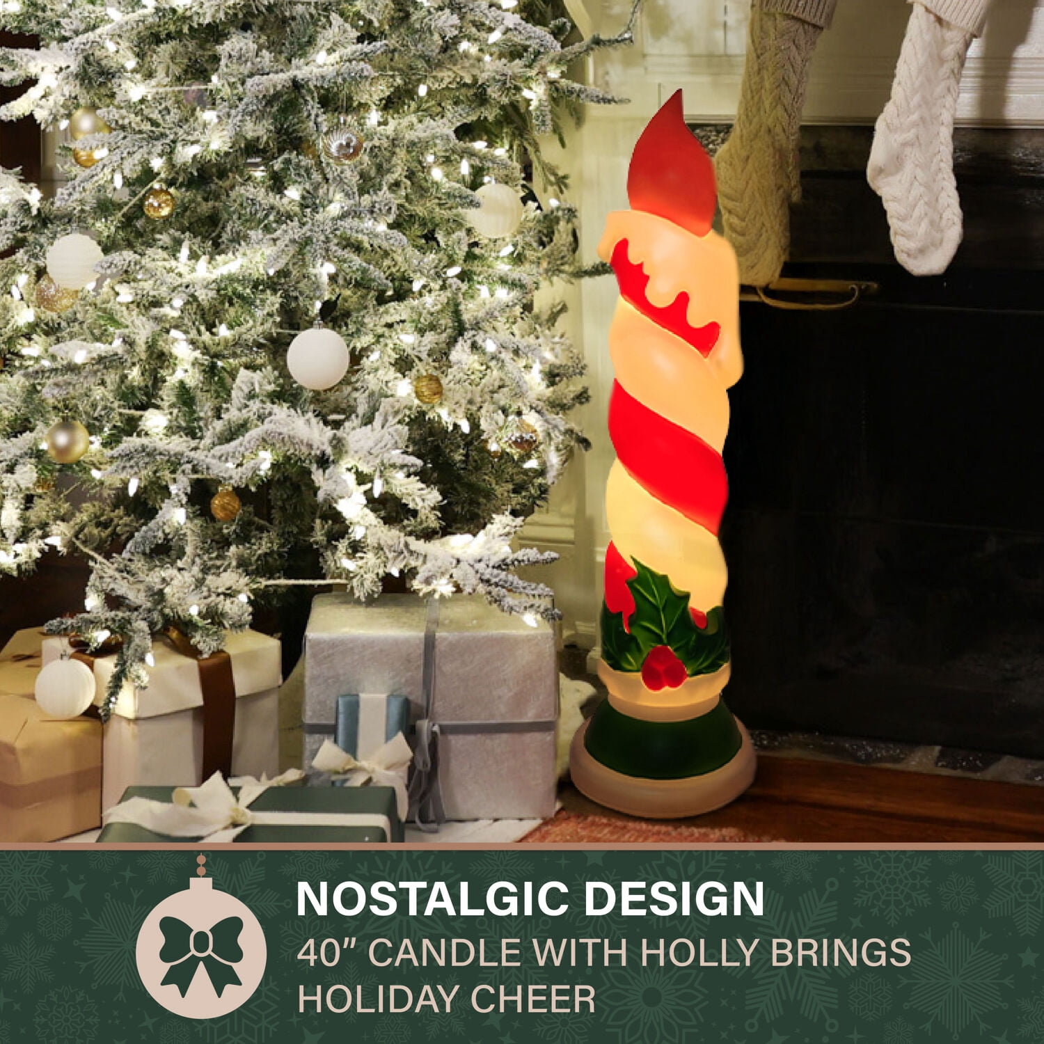 Fraser Hill Farm 40” Candle with Holly Christmas Blow Mold, FFBM-1CND-MLT