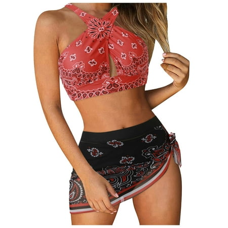 Women Swimsuits 3 Piece Halter Neck High Waist Push Up Vintage Print Bikini Set with Cover Up Red Women Bathing Suits XXL