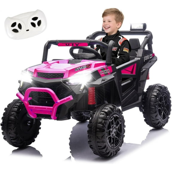 UniFun 24V 2x200W Kids Ride-On Electric UTV W/Parents Remote Control,Four-Wheel Suspension,High Chassis SUV Car with Extra Trunk,LED Lights,Music & Bluetooth, Toys for Toddlers & Big Kids.(Pink)