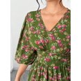 thumbnail image 3 of Green Floral Print V-Neck Maxi Dress With Tiered Skirt And Side Slit For Women, 3 of 7