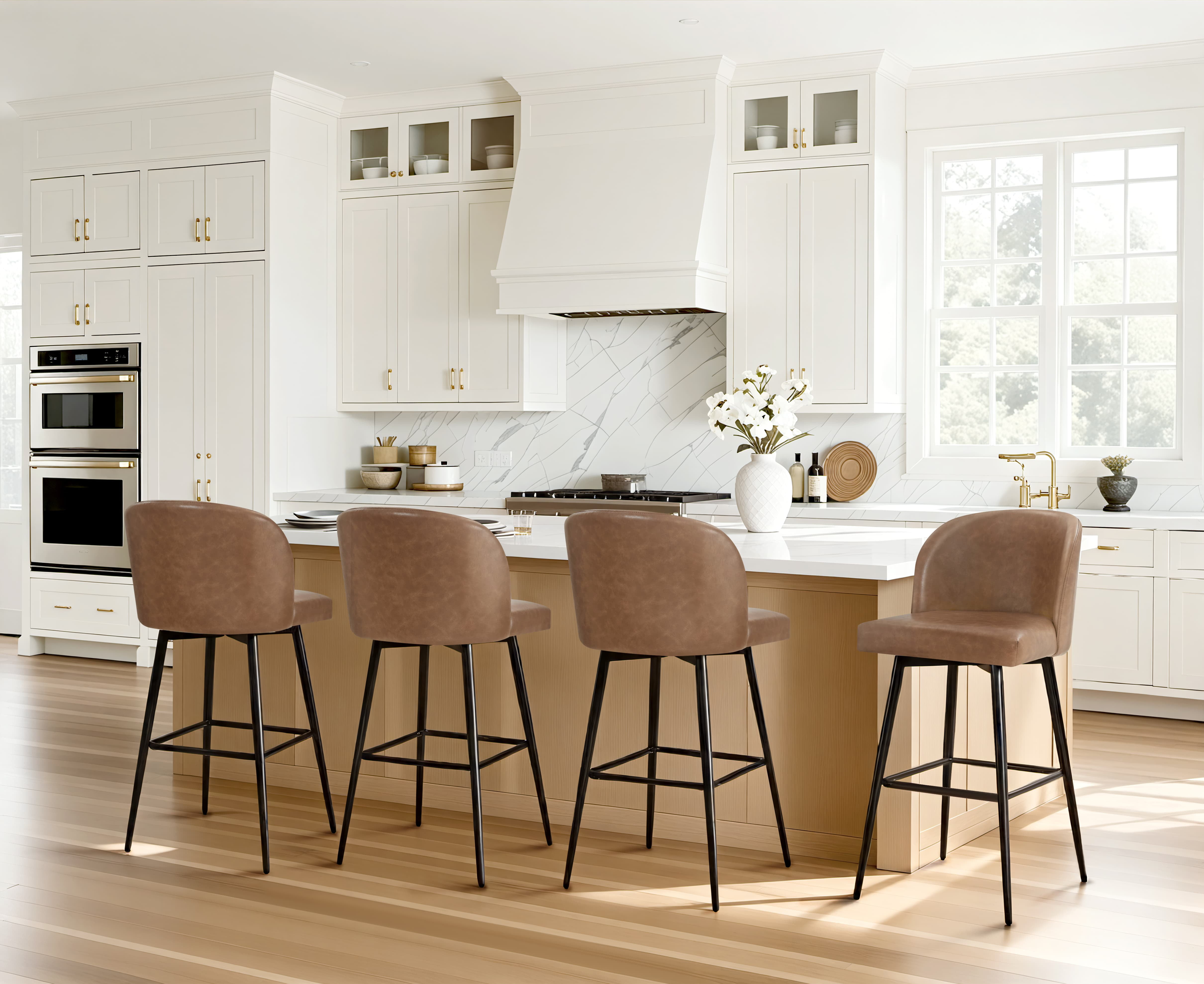 Spruce & Spring Bar Height Swivel Barstool with Metal Legs Set of 2, Saddle Brown, Faux Leather