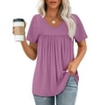 thumbnail image 2 of HomeDM Women's Summer Short Sleeve T-Shirts Pleated V Neck Solid Color Casual Tops Trendy Loose Tunic Tops - Purple/M, 2 of 8