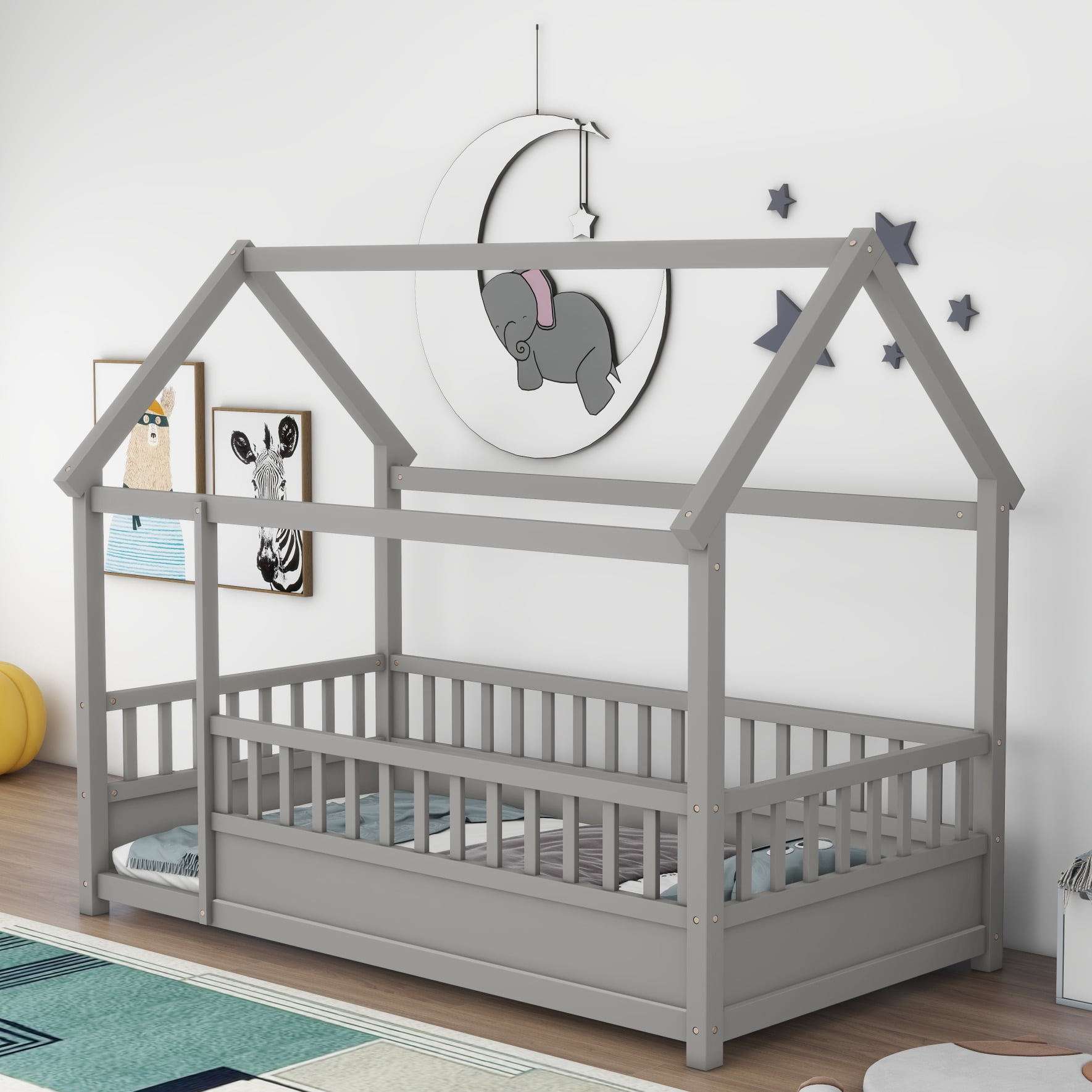 Twin Size Floor Bed with Wooden House Roof & Safety Guardrails for Kids - Sturdy Pine Construction, Grey (Multiple Color Options)