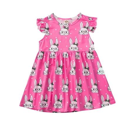 

Toddler Girls Dress Short Sleeve Princess Dress Easter Bunny Print Pink 100