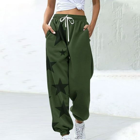 QQAMB Sweatpants for Women High Waist Elastic Waist Drawstring Star Print Straight Leg Sweatpants Casual Loose Joggers Pants Army Green 2XL