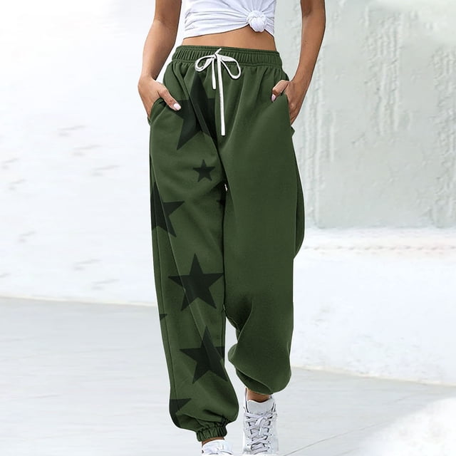 Puntoco Pantalón De Mujer Con Cordón Y Estampado De Estrellas De Moda Verde Militar S