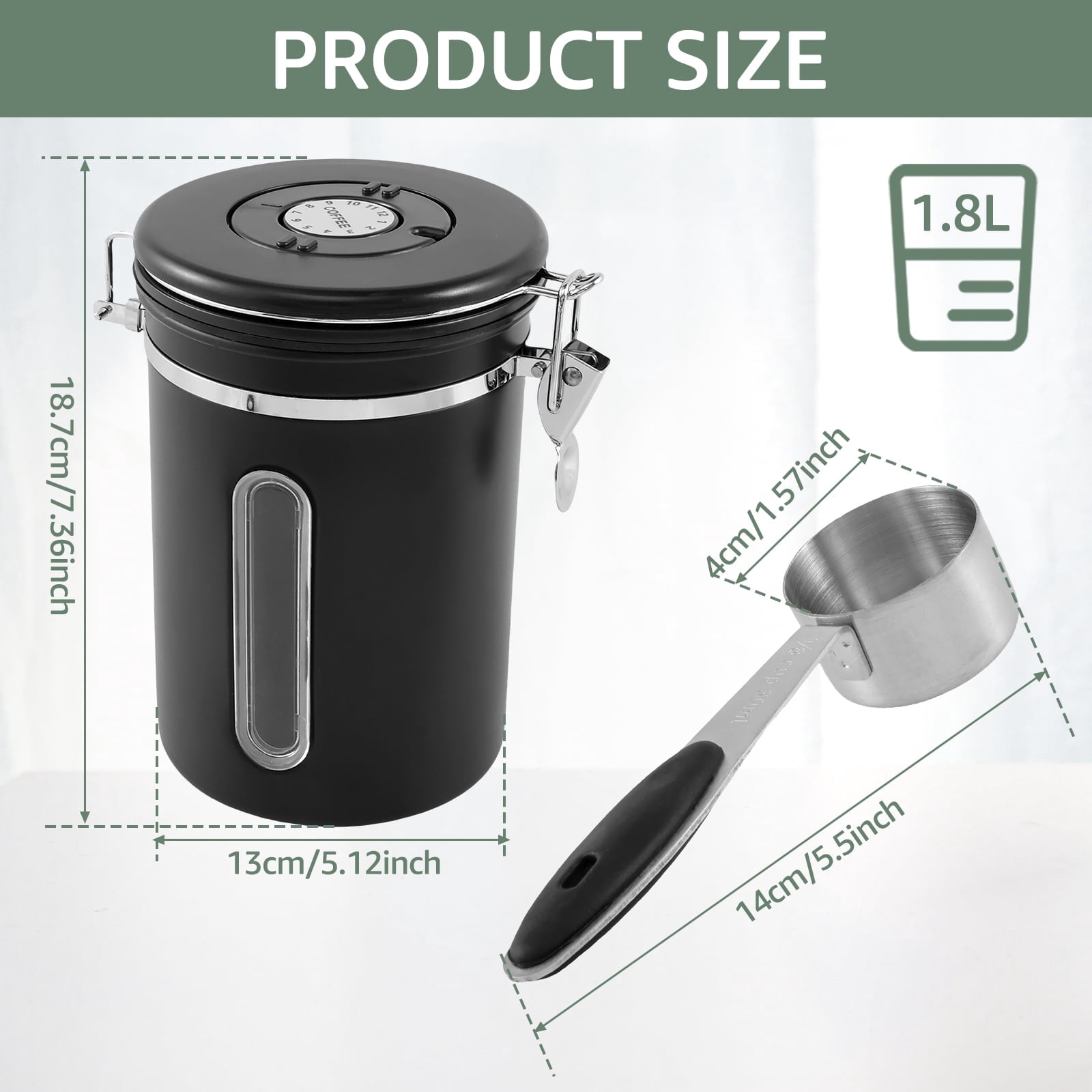 FUYGRCJ Coffee Canister,Tea CanisterAirtight Stainless Steel Kitchen Food Storage Container with Date Tracker and Scoop for Grounds Coffee,Beans,Flour,Cereal,Sugar,1.8L,Black