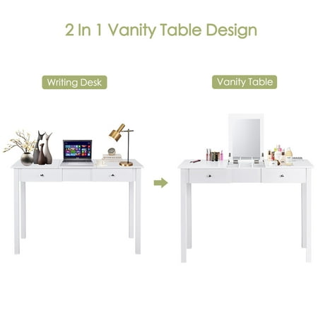 Costway Vanity Table Dressing Table Flip Top Desk Mirror 2 Drawers