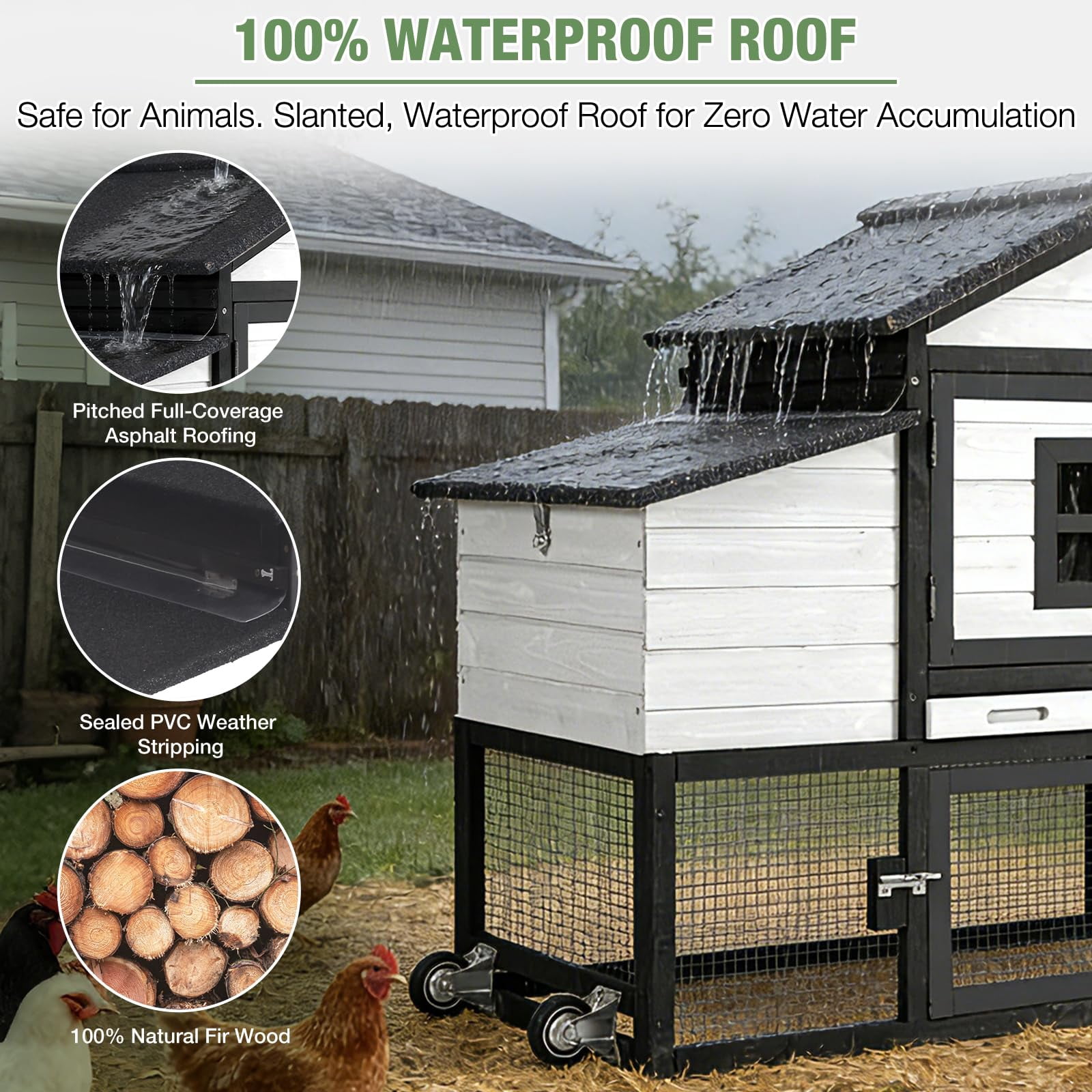 Aivituvin Mobile Chicken Coop with Wheels, Large Wooden Poultry Cage Chicken House with Nesting Box, Leakproof Pull-Out Tray, Weatherproof Roof for 3-5 Chickens, Black