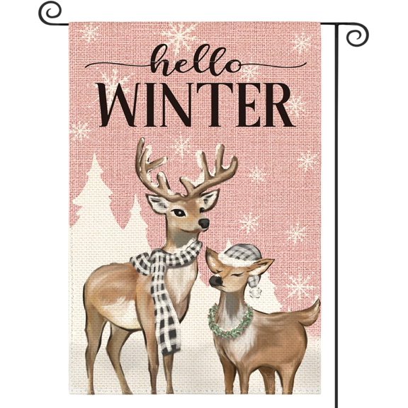 Shmbada Pink Hello Winter Reindeer Snowflake Garden Flag 12x18 Inch Double Sided, Winter Rustic Seasonal Yard Outdoor Decorative Flag