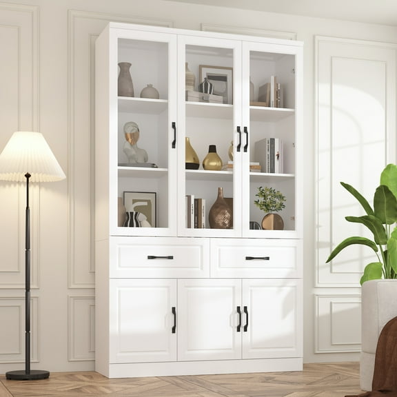 Oxylife 78.7”H Bookcase Bookshelf with Storage Shelves, Drawers & 3 Glass Doors, Wooden Display Storage Cabinet with 8 Compartments for Home Office, Living Room, White