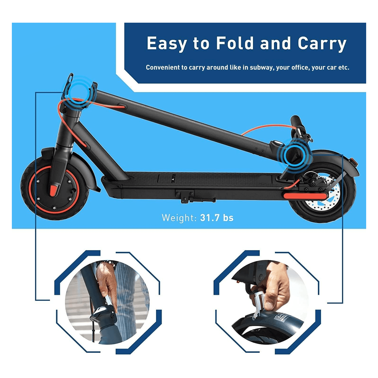 Detachable Battery Electric Scooter with 9" Pneumatic Tires 350W 22 Miles Range Foldable Escooter for Adult