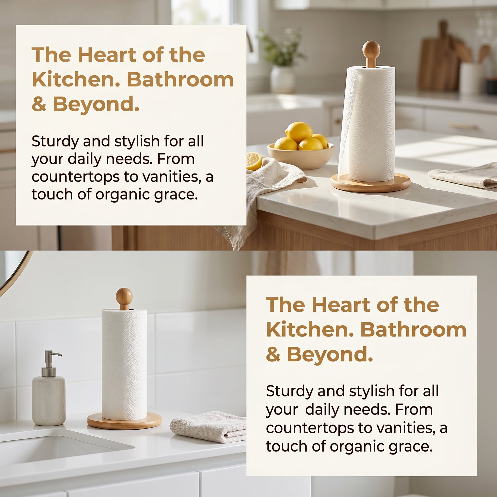 Unique Bargains Paper Towel Holder Countertop Durable Base Wood Natural D 11.6x4.9inch