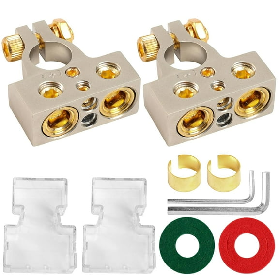 Car Battery Terminals Connectors, 1 Pair 2/4/8/10 AWG Gauge Positive & Negative Set with Clear Cover for Car Marine RV Boat Audio