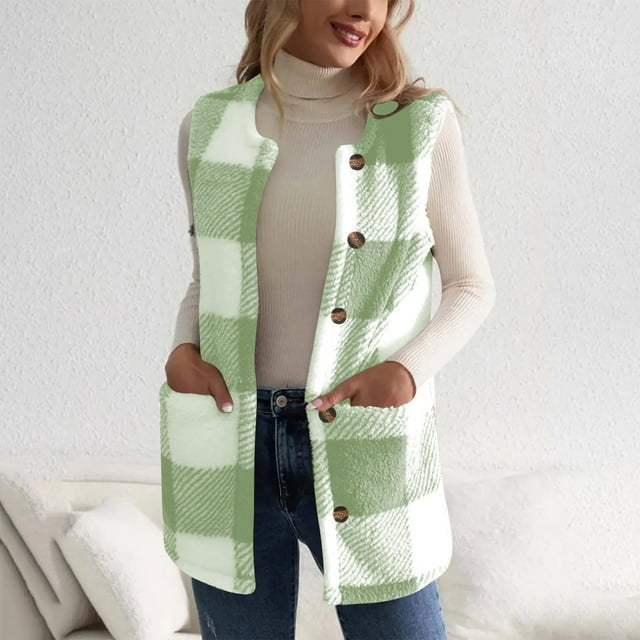 NJDVHB Womens Winter Casual Tops ,Women'S Winter Checkered Pocket Color-Blocked Button Jacket Top