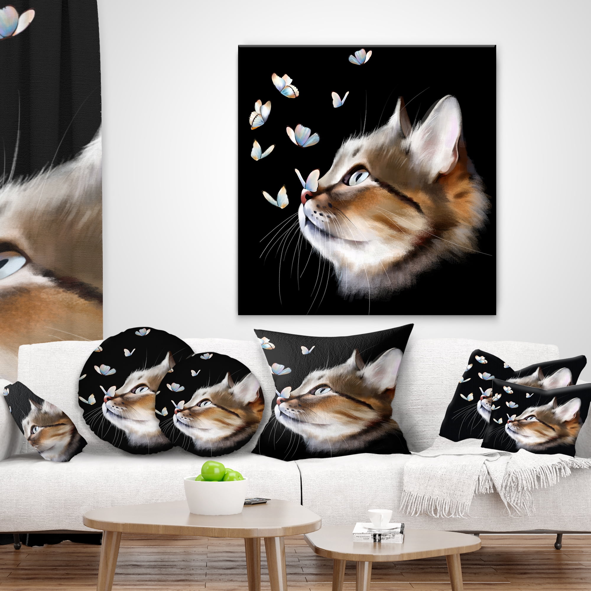 Designart Cat with Butterflies on Black - Animal Throw Pillow - 18x18