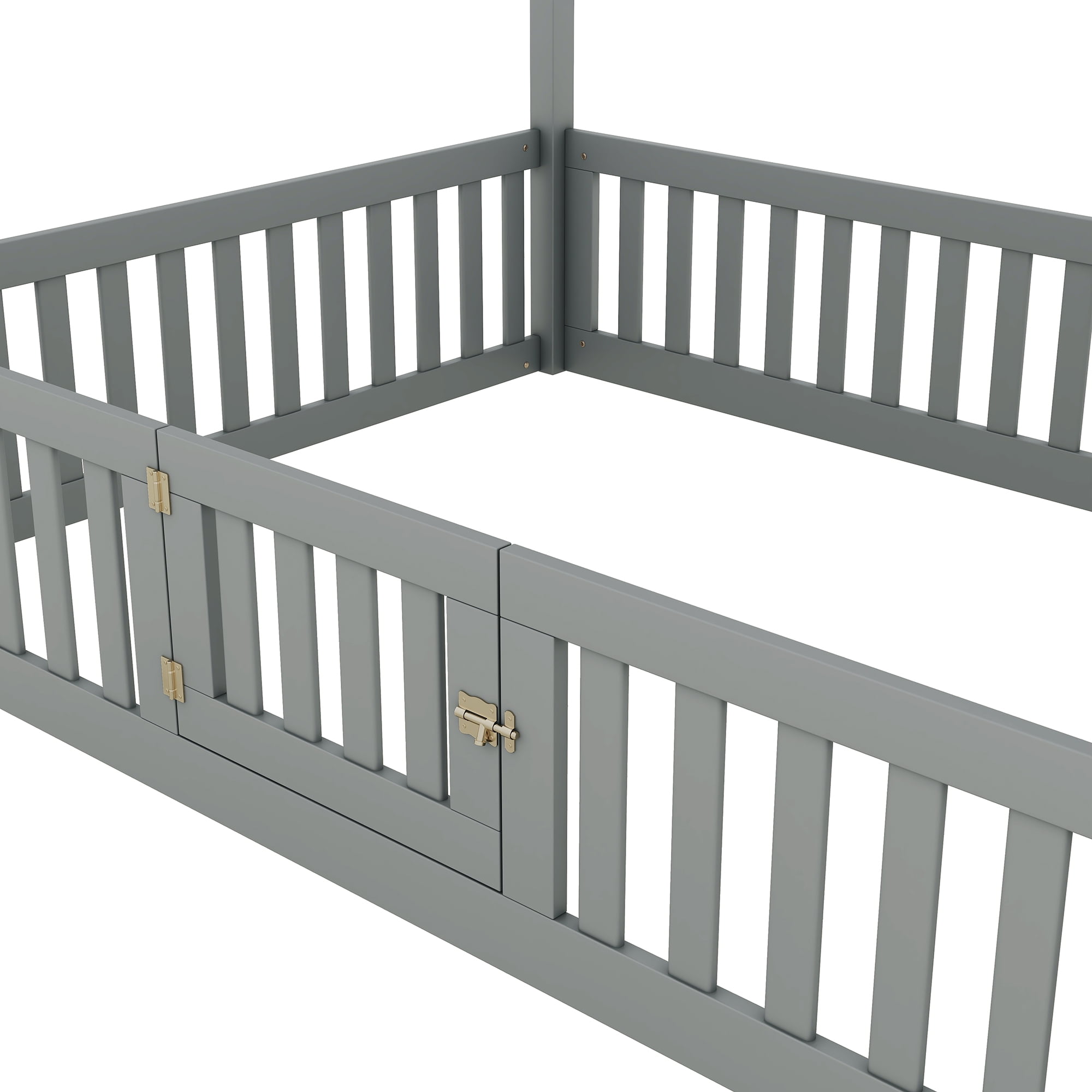 Full Size Montessori Bed, Full House Beds with Fence and Door, Floor Bed Full with Rails (Gray)