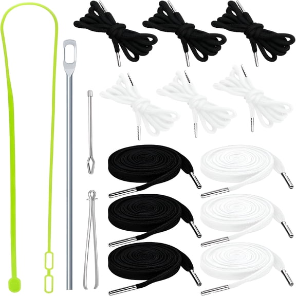 TUWAFE 2026 New 16Pcs Drawstring Cord Kit-12Pcs Hoodie Strings (Flat&Round,Black&White) with Drawstring Threader Tools,Bodkin,Rope Threader–Draw String Replacement for Pants,Shoes,Sweatpants,Bag
