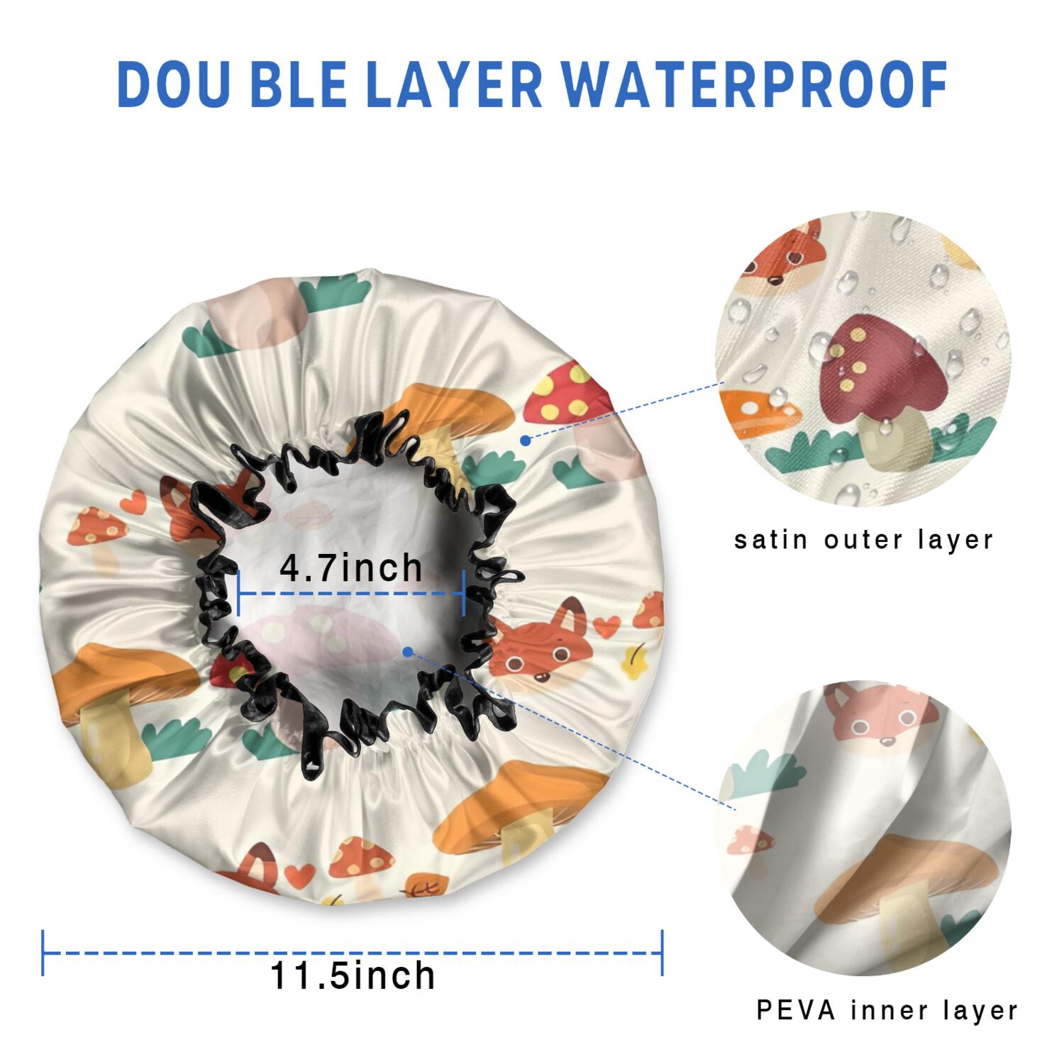 Shower Caps,Orange Mushroom Fox Light Pattern Waterproof Shower Cap for Women 4 Pieces,Double Reusable Hair Cover for Shower PEVA Elastic Stretch Hem