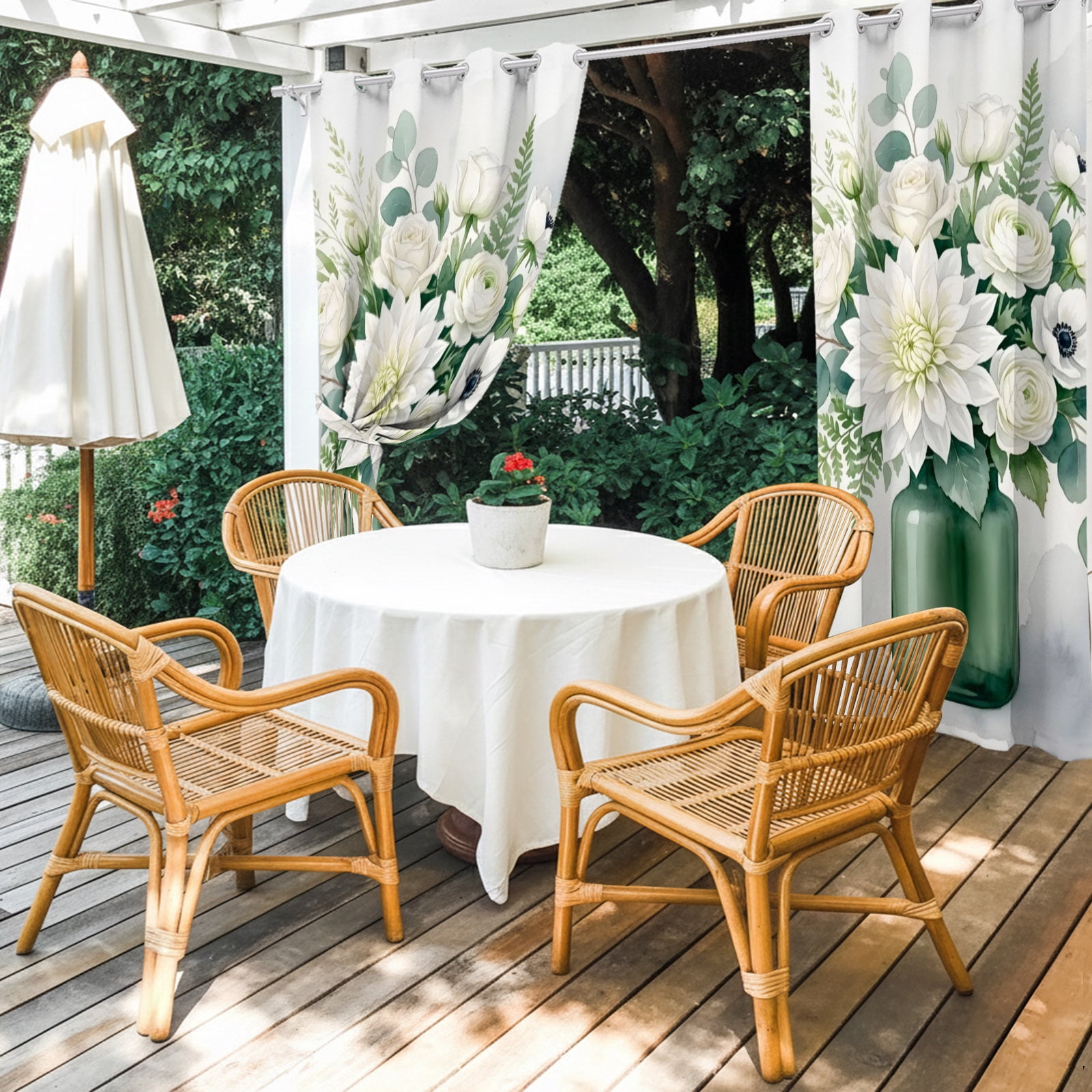 White Dahlia Rose Flower Outdoor Curtains for Patio, Eucalyptus Leaf Green Vase Botanical Sunshade Privacy Drapes Grommet Waterproof Outside Curtains for Porch/Cabana/Balcony 54"x 108", 1 Panel