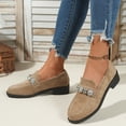 thumbnail image 2 of Suede Loafers for Women Comfortable Slip On Glitter Rhinestone Dress Shoes Block Low Heel Non Slip Fall Shoes Beige Size 7.5, 2 of 7