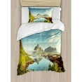 thumbnail image 3 of Farm House Decor Queen Size Duvet Cover Set, Reine Creek in Norway in a Sunny Fall Day Tranquil Peaceful Vacation Image, Decorative 3 Piece Bedding Set with 2 Pillow Shams, Green Blue, by Ambesonne, 3 of 3